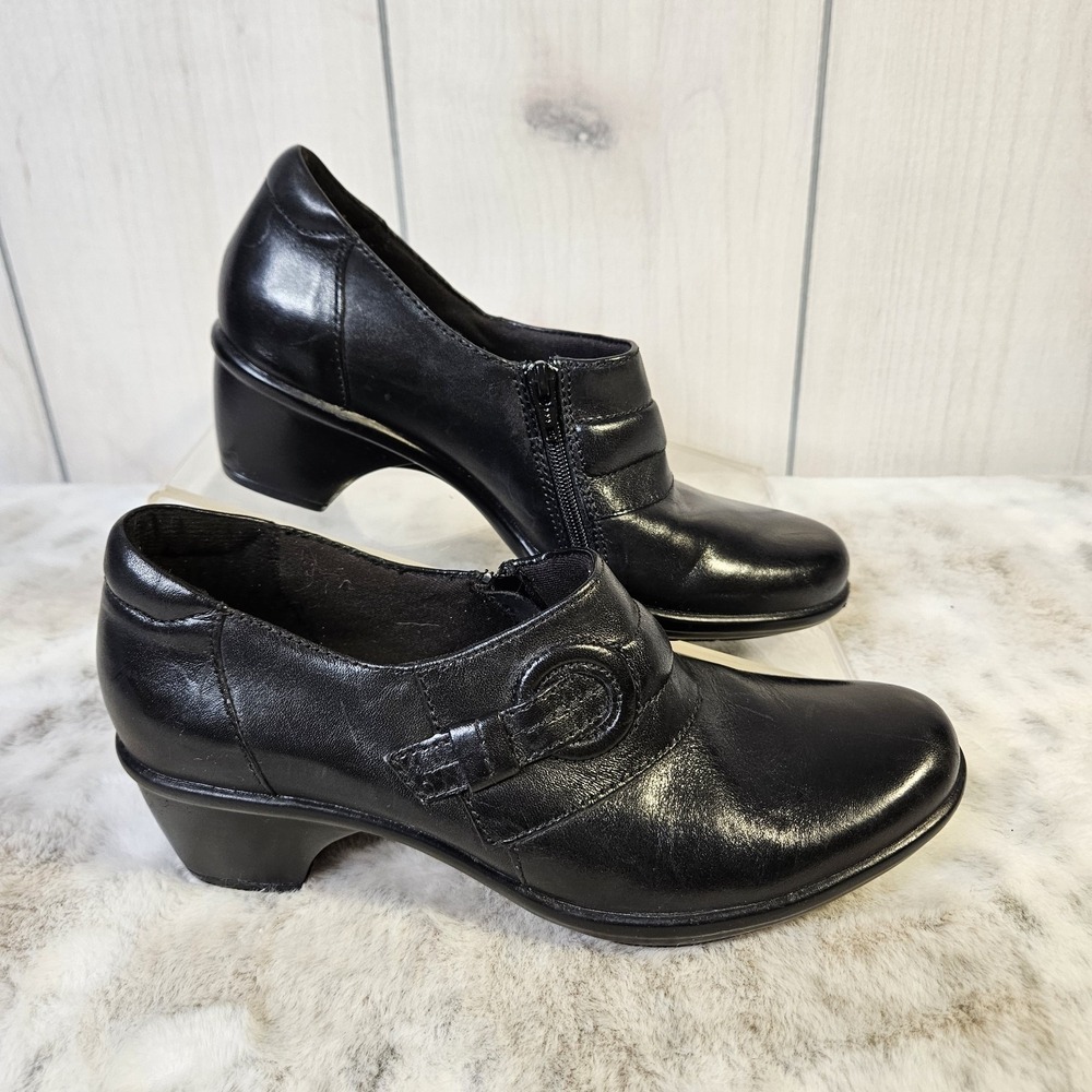 Clarks Genette Arc Black Leather Ankle Booties 6.5M Comfort Dark Academia Loafer